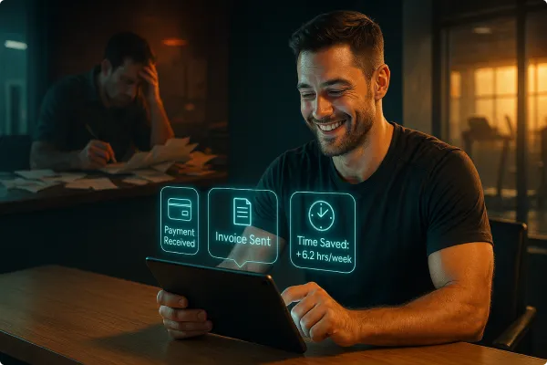 Cinematic image of a personal trainer smiling at a glowing dashboard showing “💳 91% Same-Day Payments” and “📈 Package Value +32%.” Beside them, three client profiles each show different payment methods: Apple Pay, Afterpay, and credit card. A cluttered desk with cash and sticky notes fades into the background, symbolizing the shift from manual to automated payments. Teal-orange glow and floating UI icons enhance the digital transformation theme.