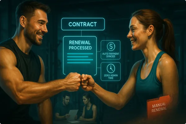 Split-screen visual showing a stressed trainer manually reviewing a paper list of sessions and hesitantly discussing payment with a client on one side; contrasted with a confident, relaxed trainer coaching while a digital dashboard glows behind them showing “✅ Renewal Processed” and “💳 Auto-Payment Scheduled.” Ambient teal/orange studio lighting with floating UI icons representing seamless automation.
