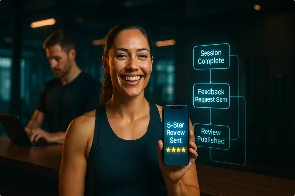 A smiling fitness client high-fives their personal trainer in a gym, while a phone in the background displays a 5-star Google review being submitted—symbolizing the power of automated client feedback.