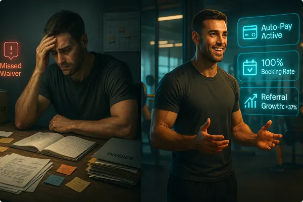 Illustration showing a personal trainer using automation tools like scheduling, payments, contracts, and session tracking to streamline their business operations.