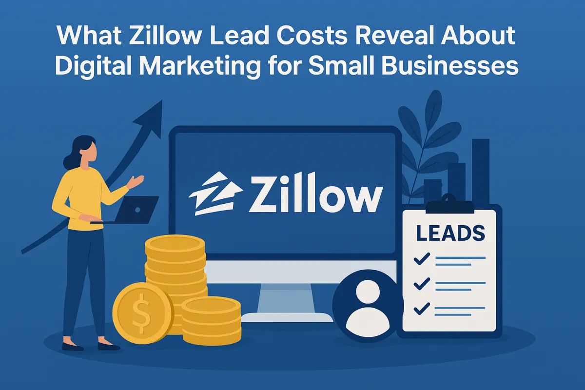 Illustration of a woman with a laptop standing next to stacked coins, a computer screen displaying Zillow, and a clipboard labeled "Leads"—representing digital marketing and lead generation for small businesses.