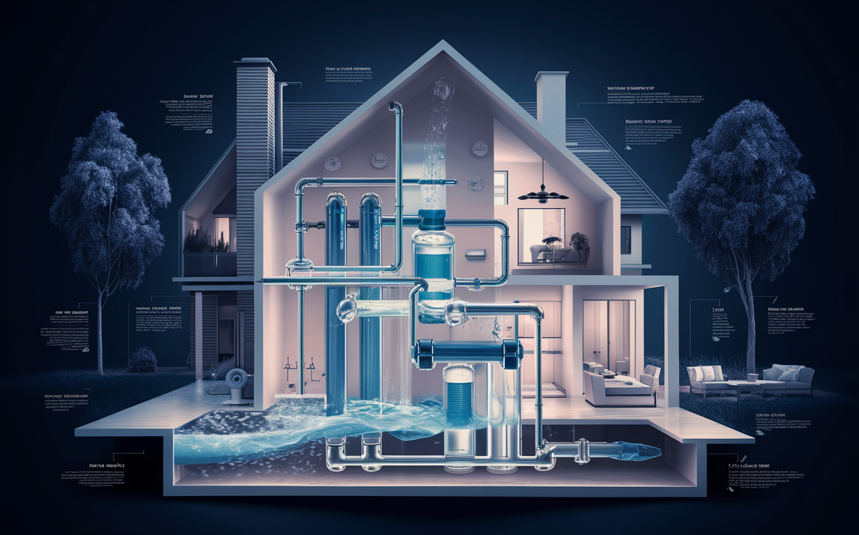 A cutaway illustration showing the components of a comprehensive whole house water filtration system installed in a residential home, with various stages of filtration and treatment outlined and labeled.