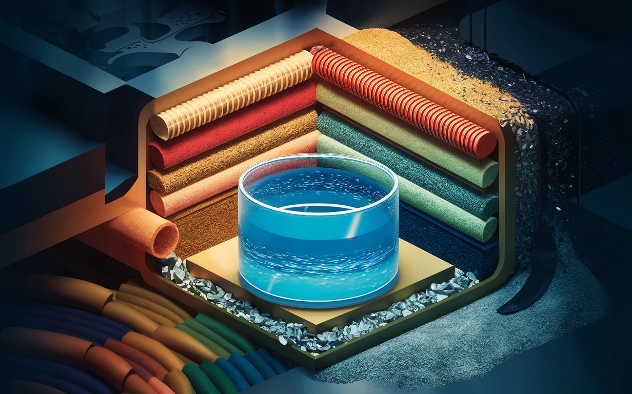 An illustration depicting a cross-section view of a sediment and particulate filtration system used for water treatment, showing layers of different filter media materials and connected piping and machinery.