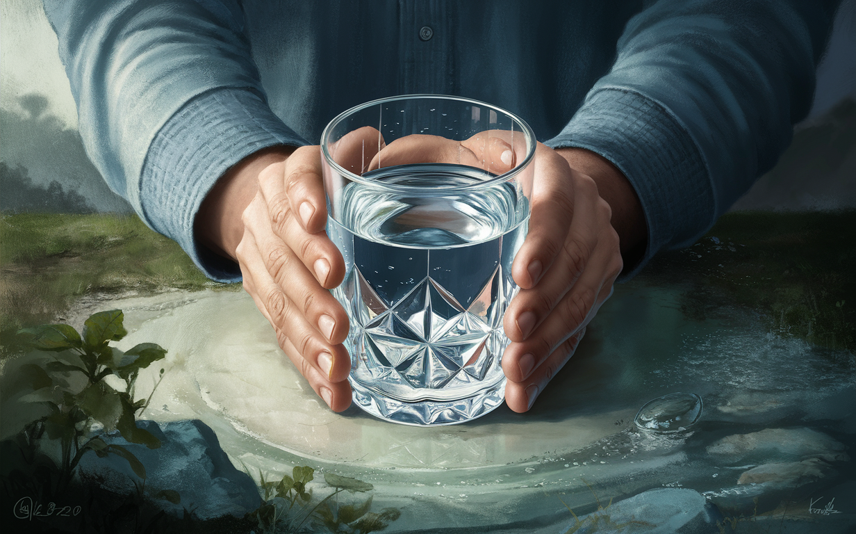 Hands holding a glass of clean water surrounded by flowing water, symbolizing the importance of conserving and safeguarding water resources to ensure safe and healthy drinking water.