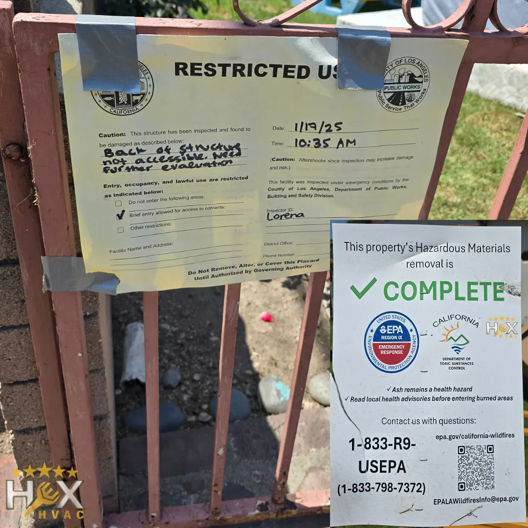 Compliance notice and hazard removal sign for restoring fire-exposed attic spaces in Alta Dena.