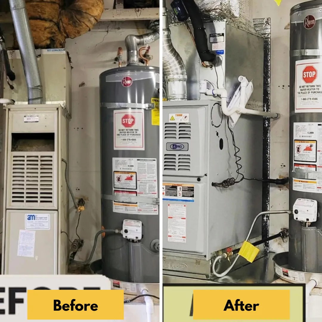 Before and after image of a heating system upgrade in Carson, California, featuring an outdated unit and a high-efficiency furnace.