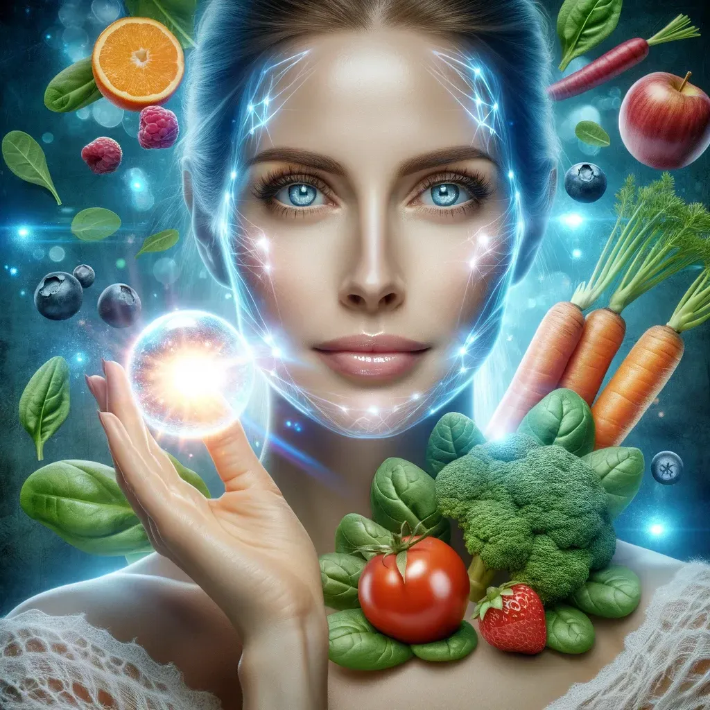 Glowing, youthful face of a person holding a radiant orb symbolizing collagen, with vibrant fruits and vegetables in the background.