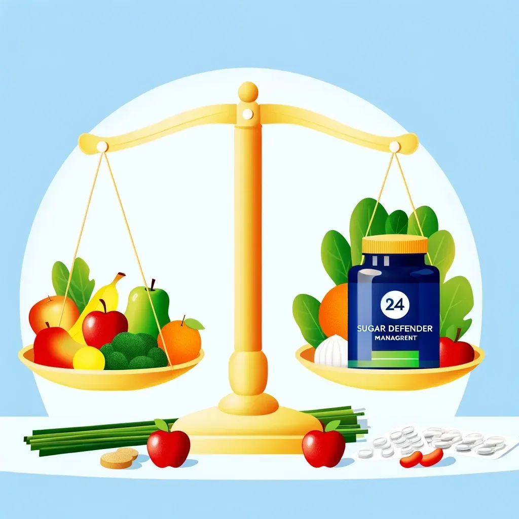 A vibrant illustration depicting a balanced scale with fruits, vegetables, and Sugar Defender 24 capsules, symbolizing natural blood sugar management