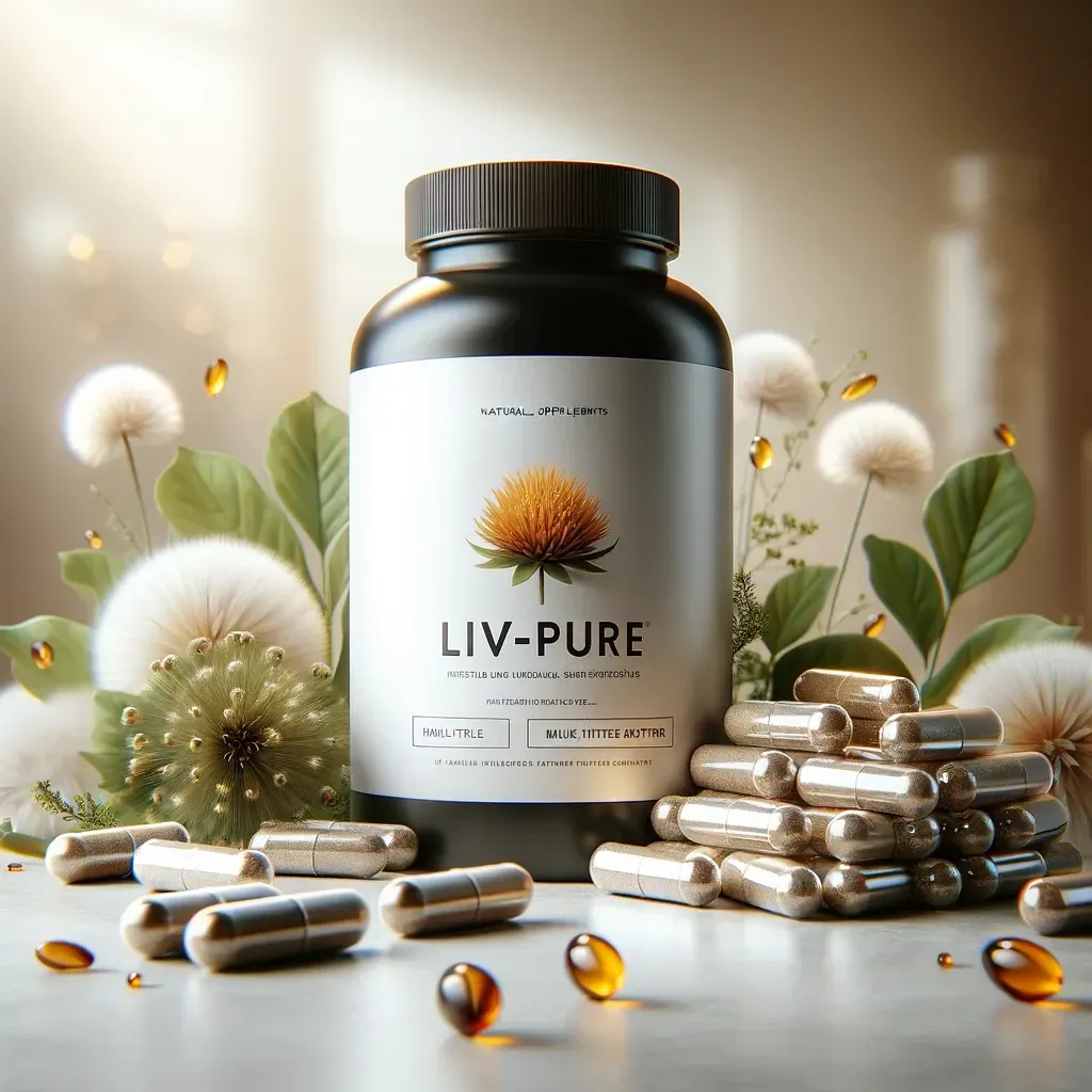 Image of Liv-Pure bottle with natural supplements encapsulated, representing a holistic approach to liver health and detoxification.