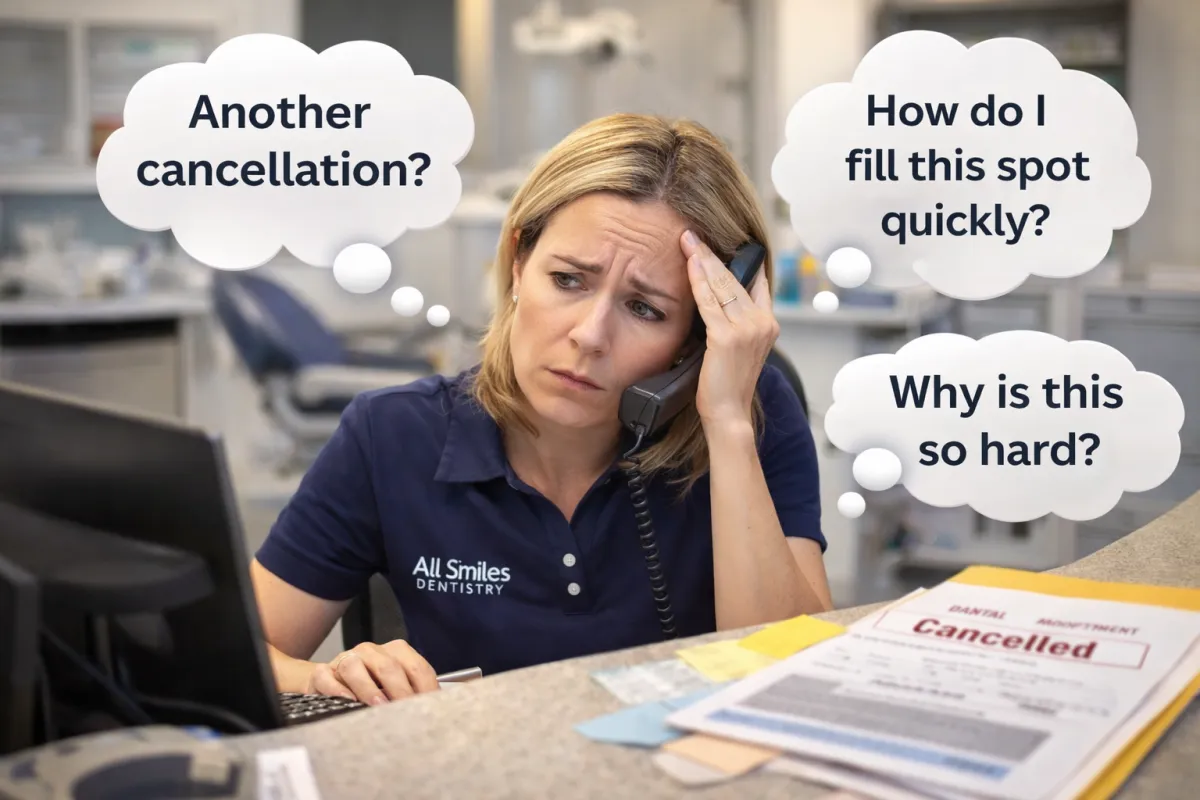 Front desk employee at a dental office looking stressed while handling a phone call, wearing an “All Smiles Dentistry” polo, with thought bubbles about a last-minute cancellation and how to fill the open appointment.