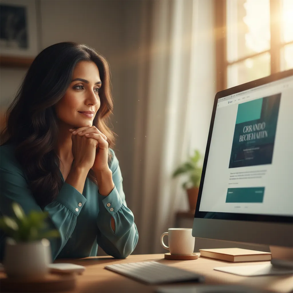 A professional woman smiling confidently while looking at a clean, modern website on a computer screen, representing the instant trust and psychological connection built through strategic brand design.