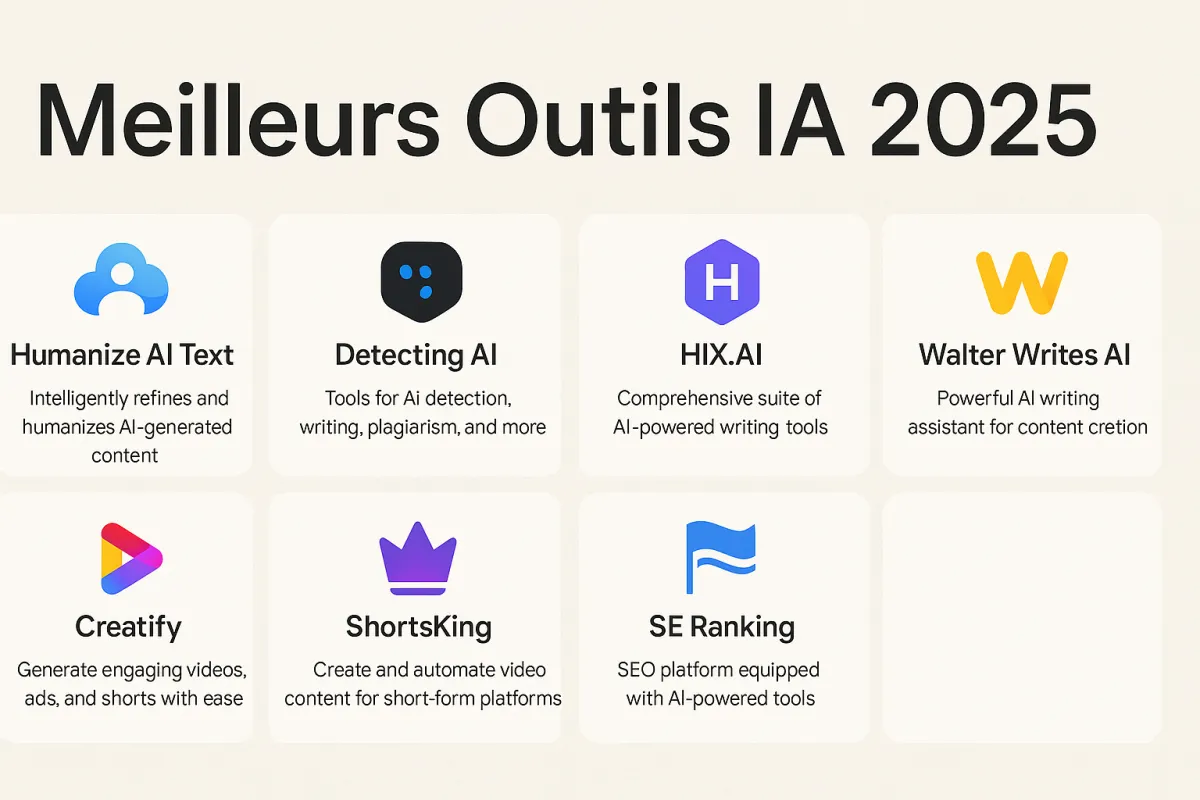 Illustration de plusieurs outils IA modernes utilisés par des PME, étudiants, rédacteurs et spécialistes du marketing digital en 2025