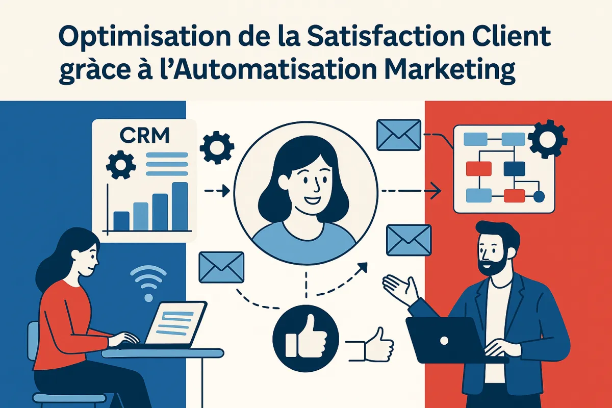 Illustration paysage aux couleurs du drapeau français montrant une AI agency utilisant ai and marketing automation pour optimiser la satisfaction client