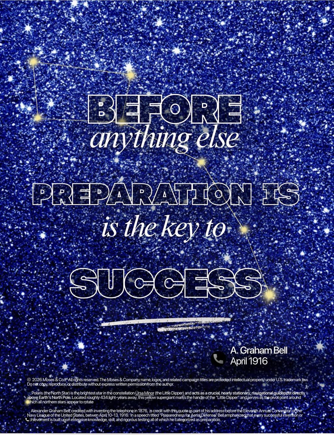 “Inspirational motivational quote by Alexander Graham Bell reading ‘Before anything else, preparation is the key to success,’ displayed over a deep blue starry night sky with constellation lines and glowing stars.”