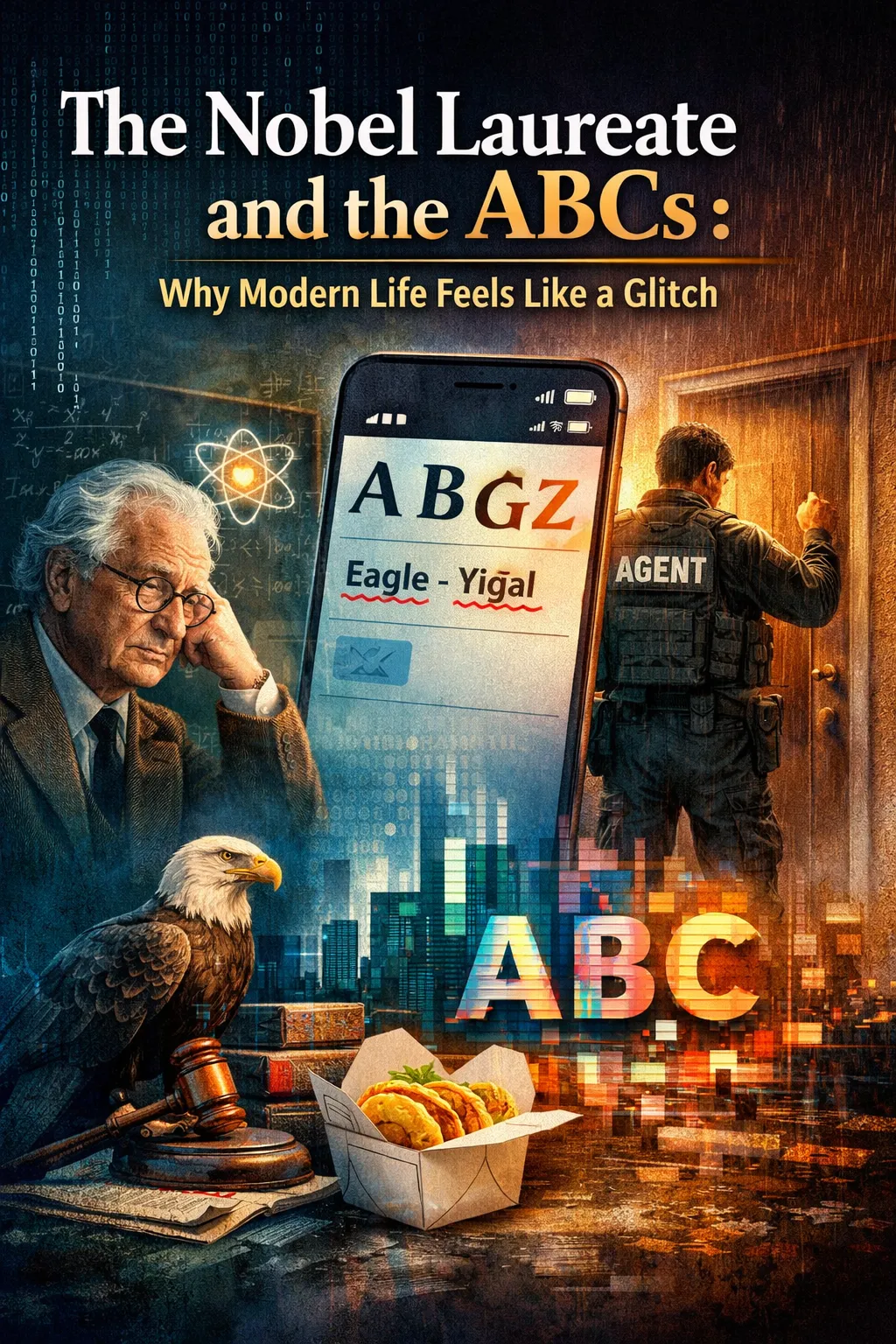 Conceptual blog cover illustrating AI intelligence, smartphone glitches, and modern life paradoxs with ABCs and technology themes