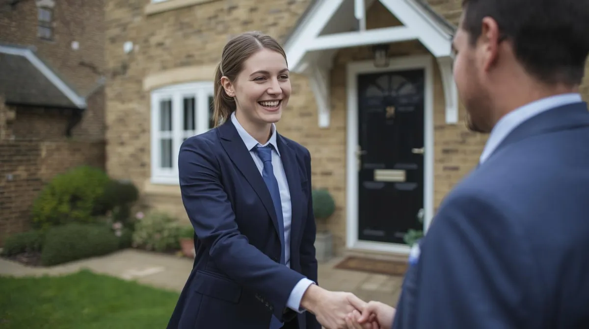 A friendly female letting agent handing over keys to a landlord in front of a newly refurbished rental home. Warm lighting, greenery around the property, and a sense of satisfaction and partnership.