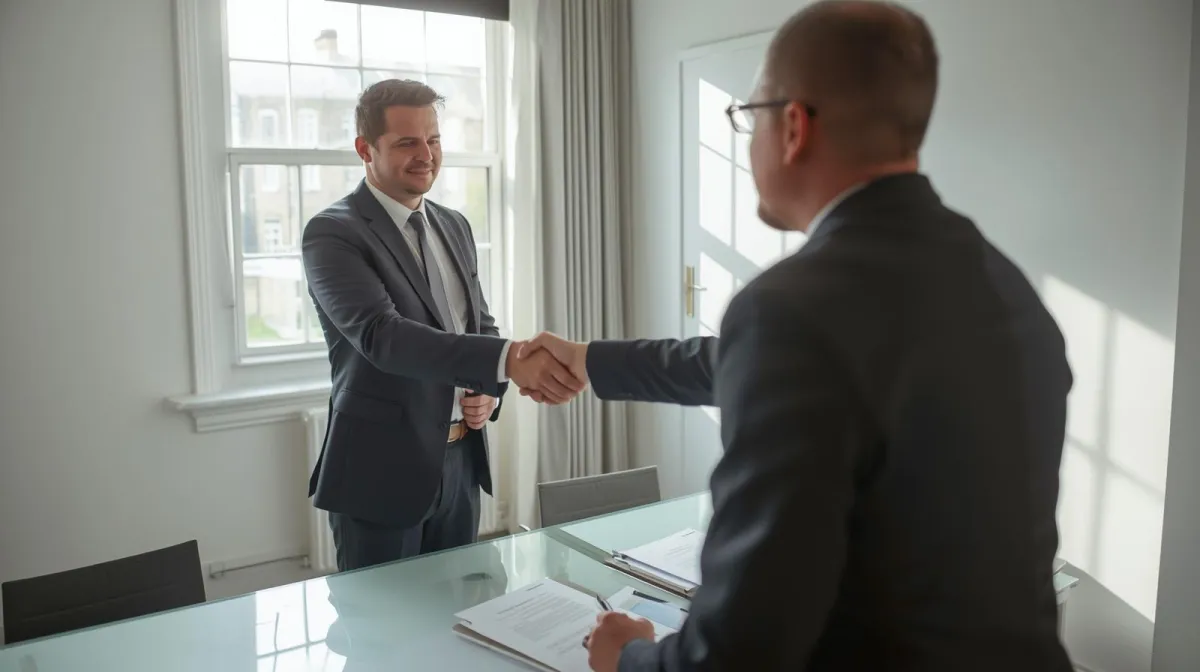 “A professional letting agent sitting at a modern desk with a landlord, reviewing property management documents and smiling. Bright natural light, warm tones, and a sense of trust and partnership. A stylish Yorkshire office or home setting in the background.