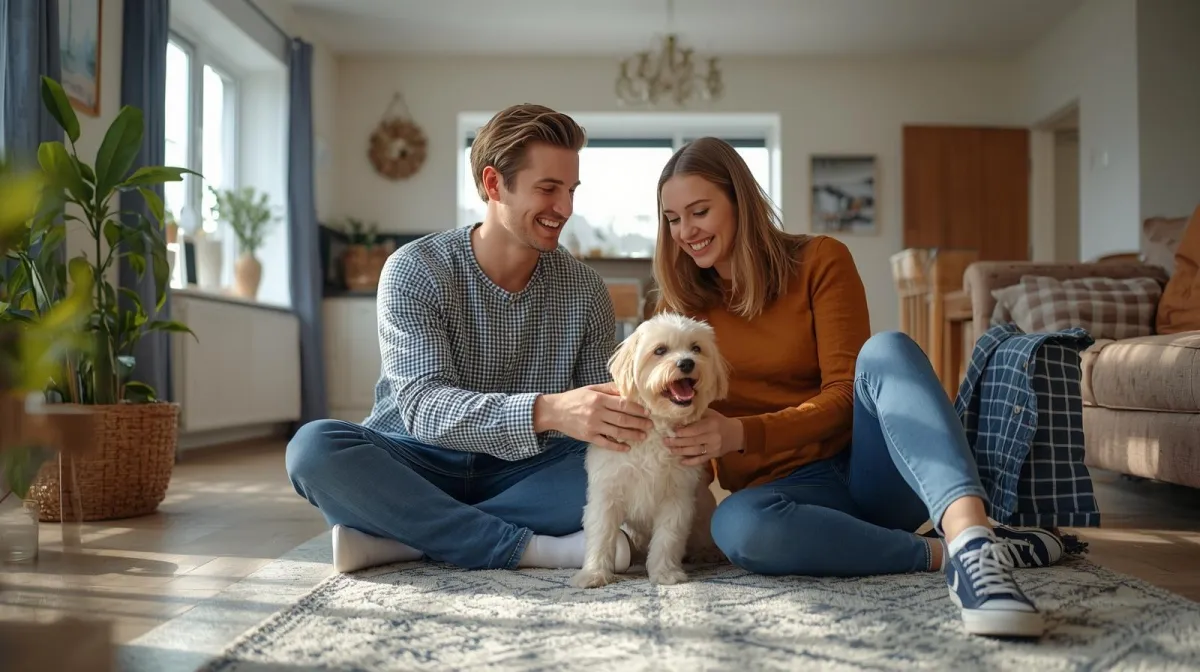 Happy tenant couple playing with a small dog inside a modern British rental home, bright natural light, cosy living room, realistic UK interior