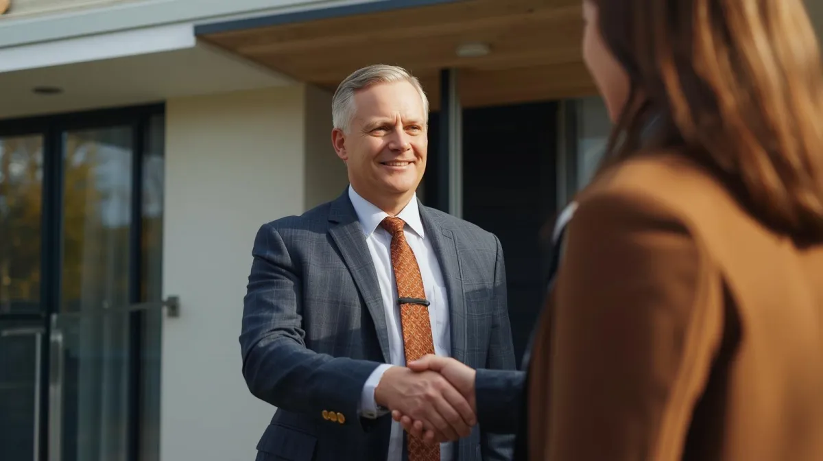 Professional UK landlord speaking calmly with a tenant outside a modern British house, handshake or friendly discussion, bright natural daylight,