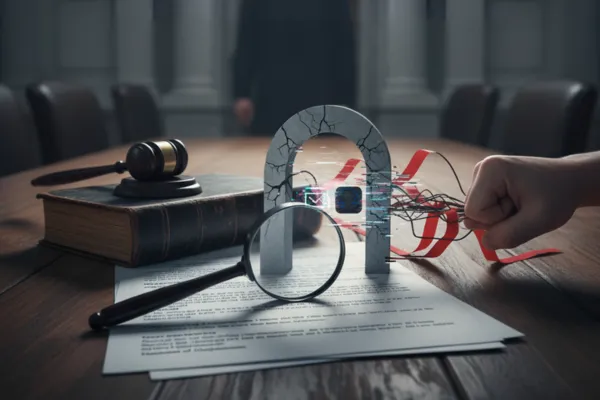 A legal-themed image depicting a small, cracked, arched doorway labeled 'SEP 2025' with a lock graphic, symbolizing an LLC shield or legal hurdle.