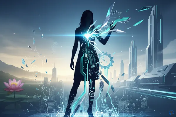 Abstract image of a powerful silhouette radiating blue geometric and circuit energy over a cracked, futuristic city, symbolizing healing transformation into fuel for systemic change.