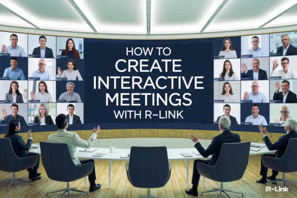 A group of people in an office setting watch a large screen displaying a video conference with multiple participants. The screen reads, "How to Create Interactive Meetings with R-Link." The room has modern decor and a curved desk.