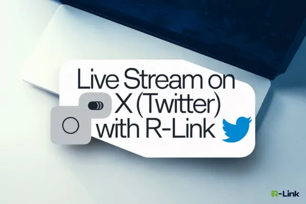 A laptop partially visible with a pop-up message that reads "Live Stream on X (Twitter) with R-Link." An icon representing a video camera and the Twitter logo are included in the design.