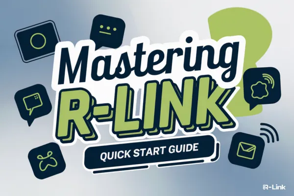 Cover of "Mastering R-Link: Quick Start Guide" featuring icons for chat, multimedia, navigation, and more, set against a gradient background.