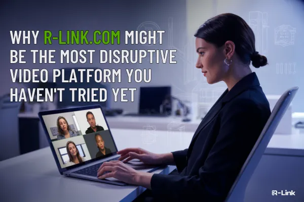 Branded video conferencing interface with overlay text ‘Why R‑Link.com Might Be the Most Disruptive Video Platform You Haven’t Tried Yet’