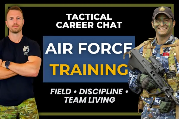Coach standing beside an Air Force recruit in uniform for a Tactical Career Chat about Air Force basic training, field phase and discipline.