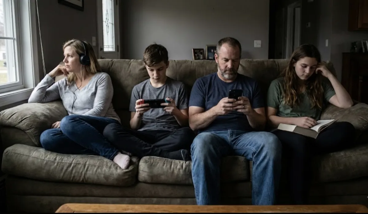 Family sitting together in silence showing emotional withdrawal in a high-conflict home