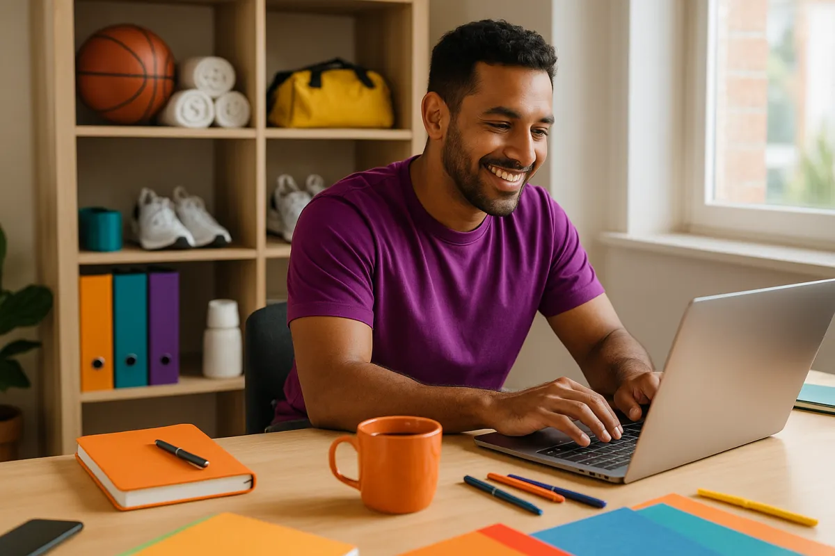 Man working productively on his laptop at work