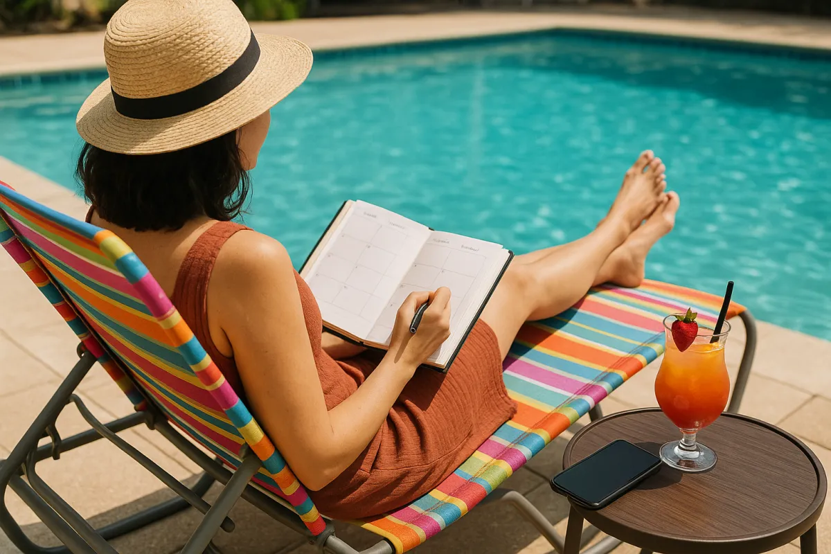 Woman writing in her planner while relaxing by pool