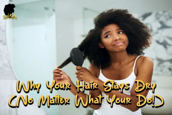 Natural Girl frowning for having dry curly hair