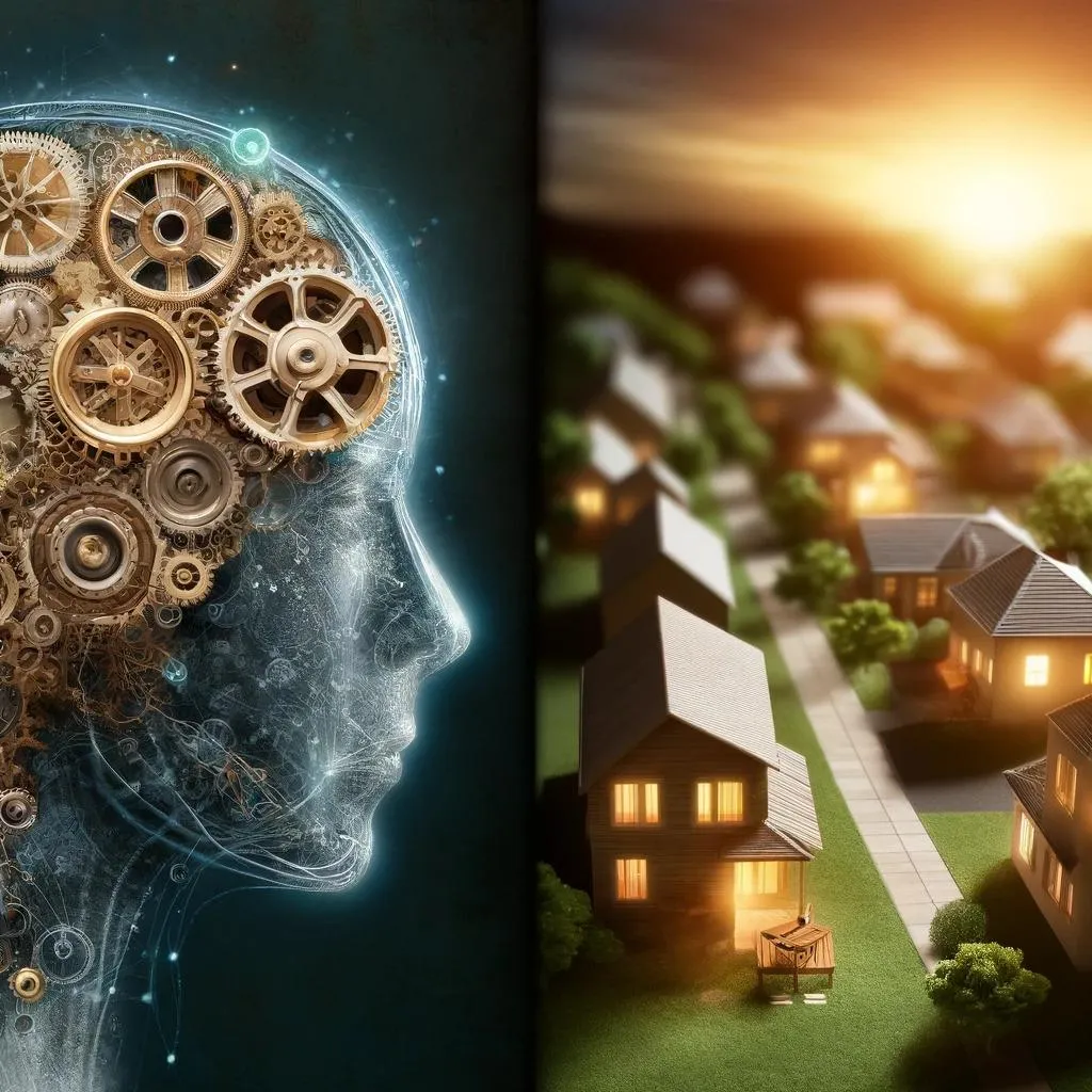 Conceptual image of a human brain and a peaceful neighborhood, illustrating the psychological impact on financial decision-making in real estate and mortgages.