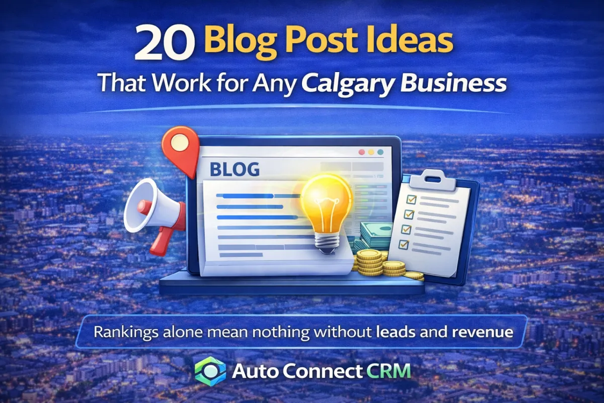 Auto Connect CRM graphic showing ‘20 Blog Post Ideas That Work for Any Calgary Business’ with a Calgary skyline background and blog planning icons like a clipboard checklist, location pin, and tablet
