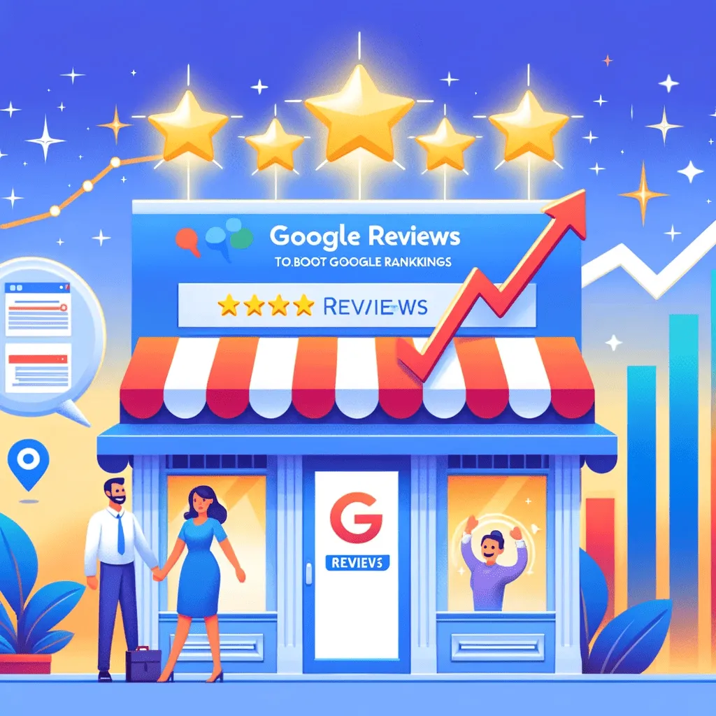 Cover image for blog post on boosting Google rankings through reviews, featuring a storefront with Google Reviews sign and a graph showing growth.