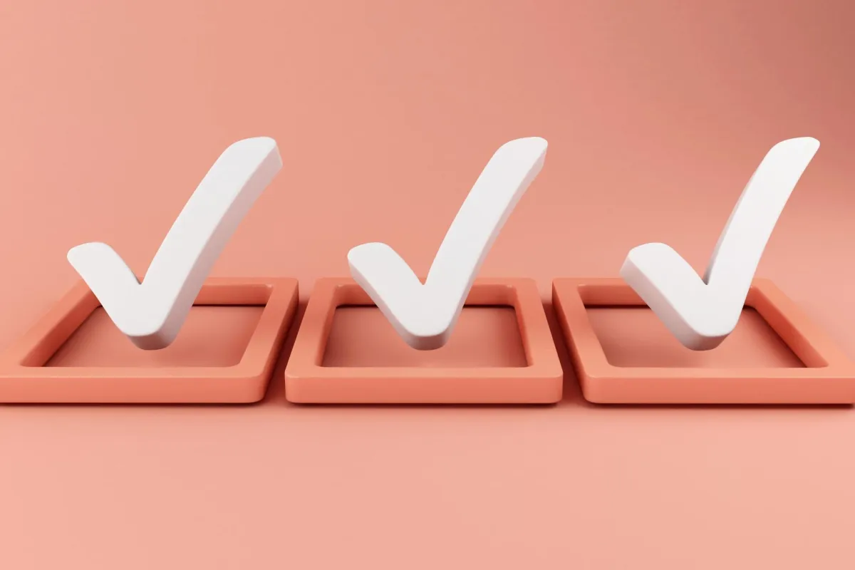 Due diligence checklist concept with three white checkmarks in boxes on a peach background, representing essential steps for small hedge funds and private equity firms to assess investment opportunities, covering financials, legal compliance, and market analysis.