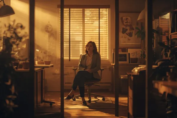 A women sitting in a calm office space taking a quiet moment.