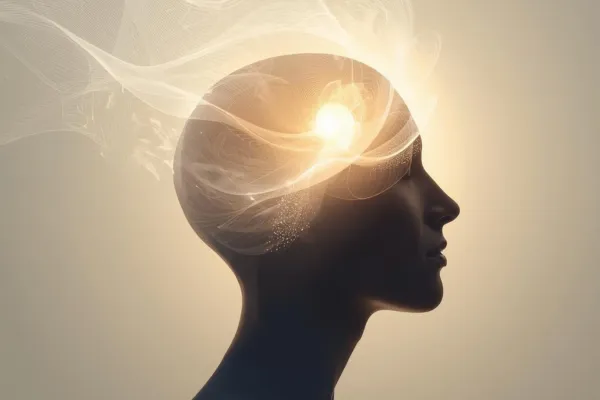 A calm human silhouette with soft light or abstract patterns inside the head (waves, spirals, glowing pathways).