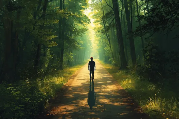 A clear path diverging from a shadowed path, person choosing the brighter direction.