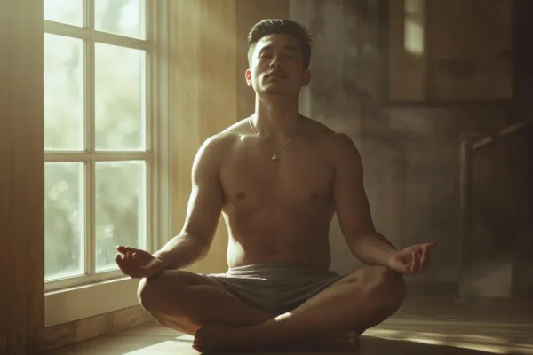 Person sitting cross-legged on the floor or cushion  Soft sunlight coming through the window  Eyes closed, relaxed posture