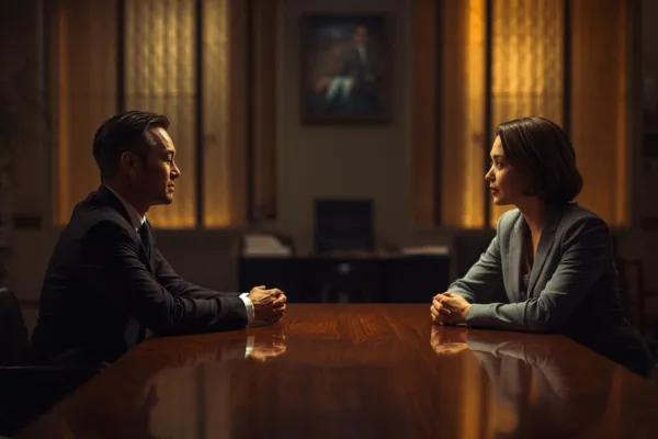 Calm Conversation Between Two People   Two people seated, talking gently across a table