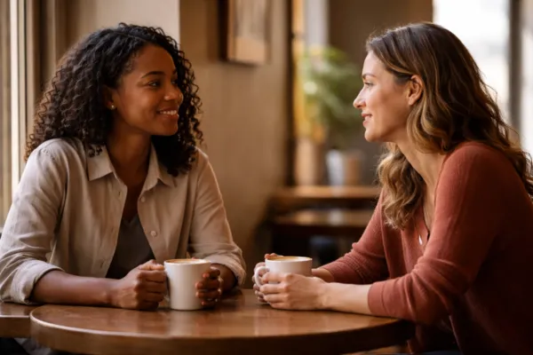 Two People in Deep Conversation Seated across from each other at a small table Soft eye contact, relaxed posture