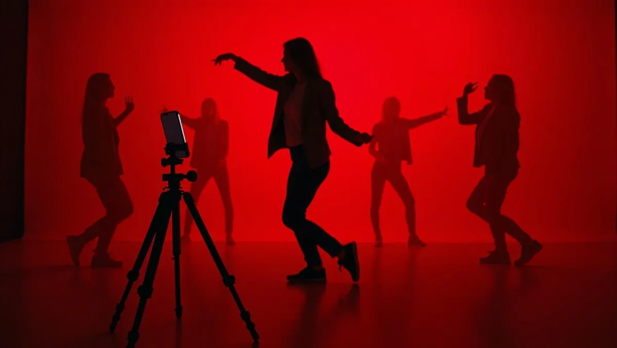 "A life coach awkwardly dancing in front of a smartphone on a tripod, illuminated by an intense screen glow. The bold red and charcoal-black background adds a dramatic contrast, while ghostly reflections of others performing similar dances emphasize the repetitive, forced nature of viral trends. The eerie lighting and exaggerated movements highlight the tension between chasing social media algorithms and building an authentic brand."