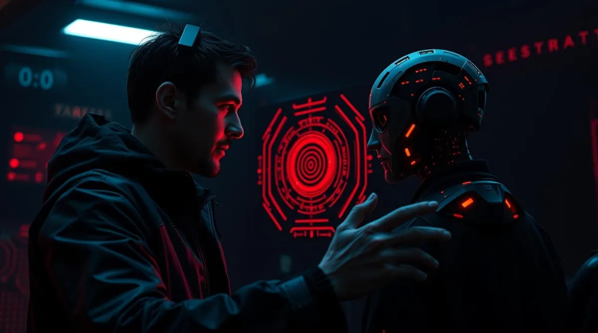 A futuristic coaching scene in bold red and black. A confident coach interacts with an AI-powered interface, analyzing data and insights. The atmosphere is sleek, modern, and cutting-edge, symbolizing the seamless blend of human intuition and advanced technology in coaching. The words "The Future of Coaching" subtly integrated into the design, evoking innovation and empowerment.
