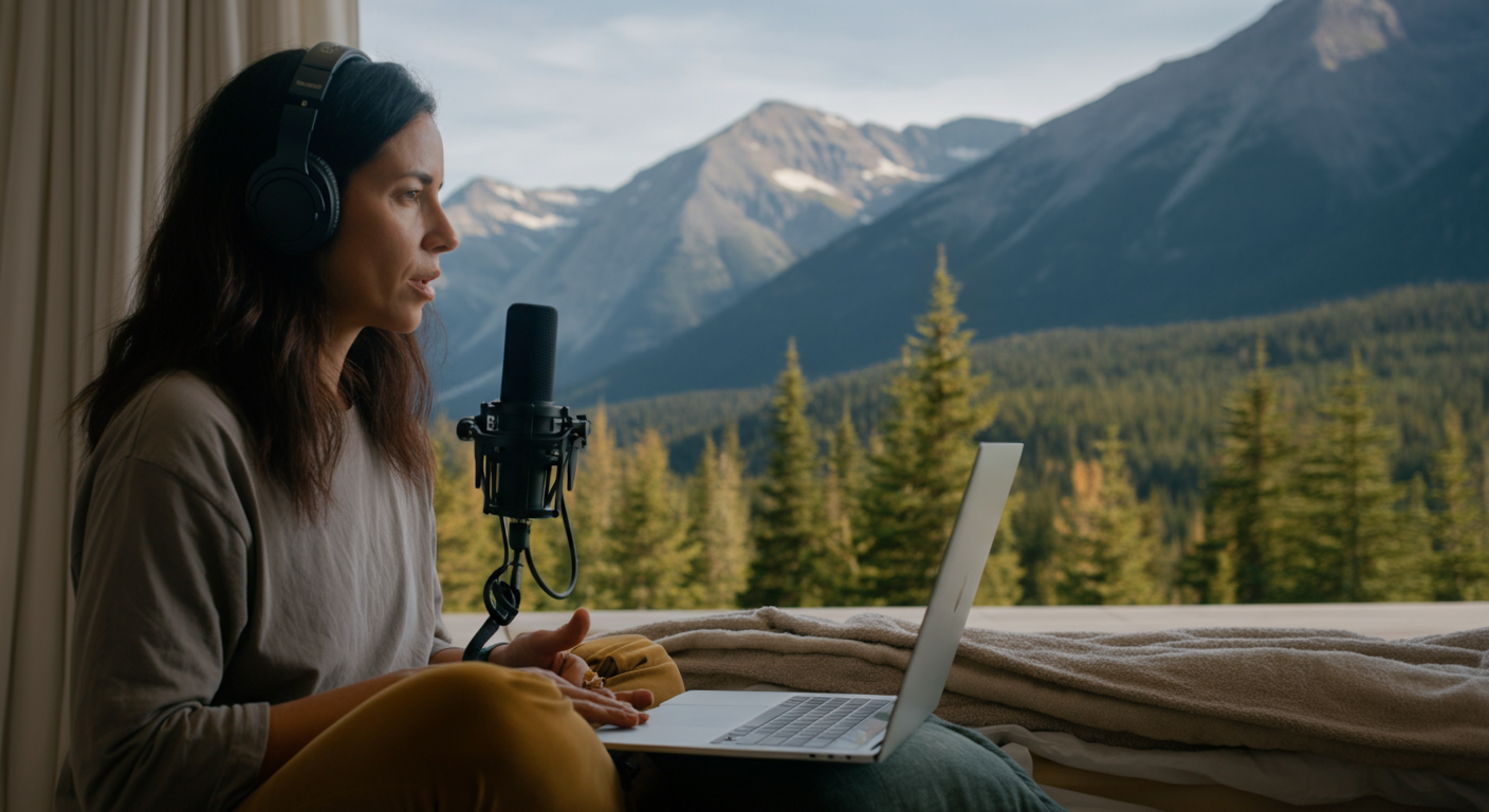 Woman sitting, pausing before recording on a microphone—capturing a quiet moment of hesitation or reflection.
