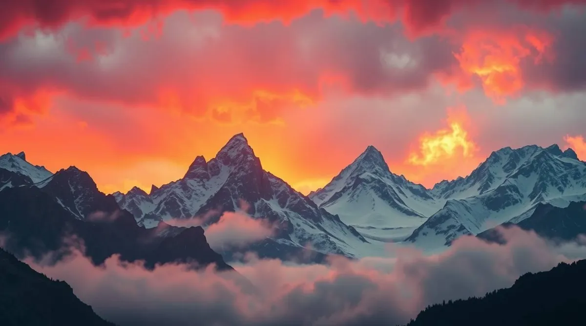 “A hyper-realistic sunrise landscape featuring seven uniquely shaped mountain peaks in a gentle arc. The scene uses deep black, bright white, and glowing crimson red tones to symbolize clarity, emergence, and growth. Radiant morning light spills over the peaks, casting long shadows through mist and snow, evoking a powerful sense of alignment, awakening, and soulful transformation. No text or people—pure visual symbolism.”