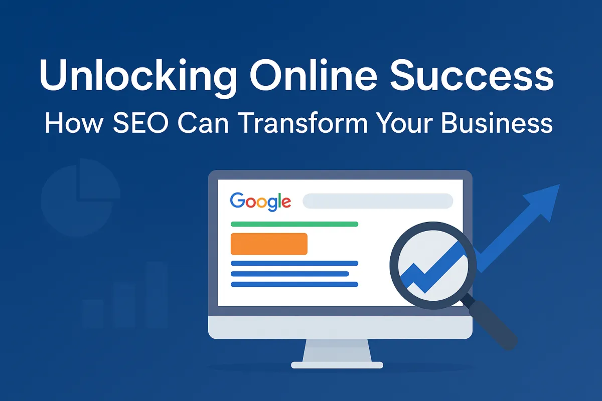 Illustration of a Google search results page on a desktop screen with upward arrow and magnifying glass, representing how SEO drives online business growth.