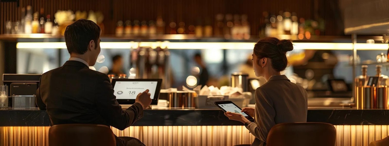 A woman sits in a warmly lit restaurant, speaking into her smartphone with a voice assistant interface displayed on the screen. The scene highlights a modern dining atmosphere with neatly set tables in the background. Overlaid text reads: "Revolutionize Your Restaurant Bookings With Voice AI Solutions. Digital transformation is reshaping hospitality, and voice-activated systems now offer an efficient, error-free means of managing bookings